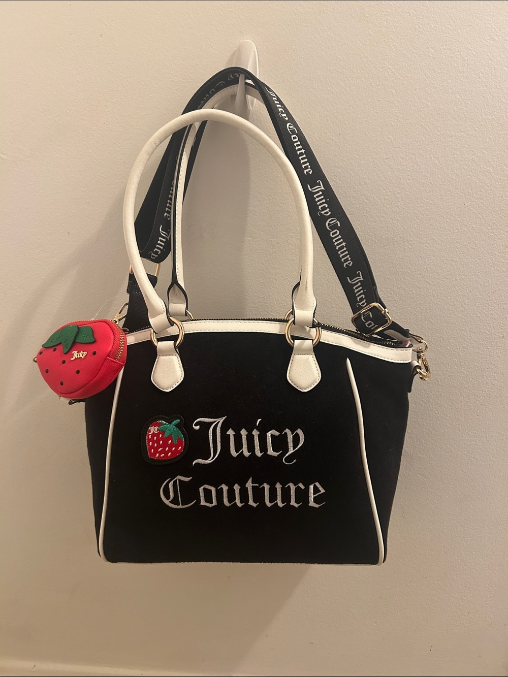 Juicy Couture Black & White Satchel with Strawberry Charm